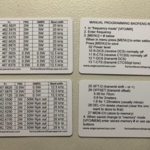 GMRS FRS Frequencies& Baofeng Programming cards (2 cards)