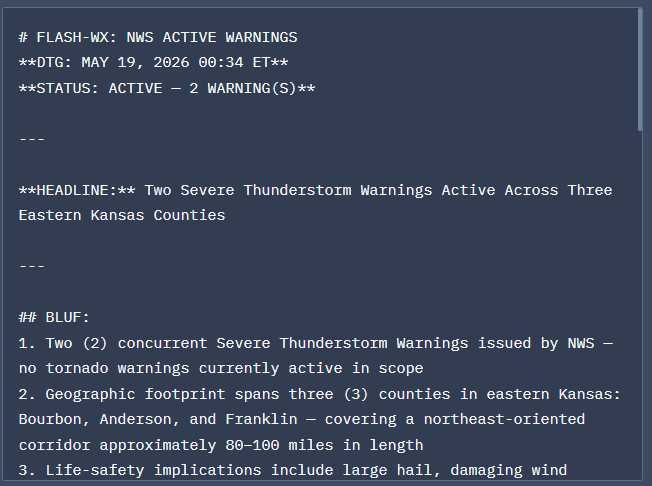 Watch Desk generated FLASH reports showing structured, sourced, tier-tagged event briefs ready for situation report or briefing ingestion