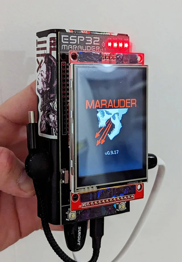ESP32 Marauder device with touchscreen and antenna