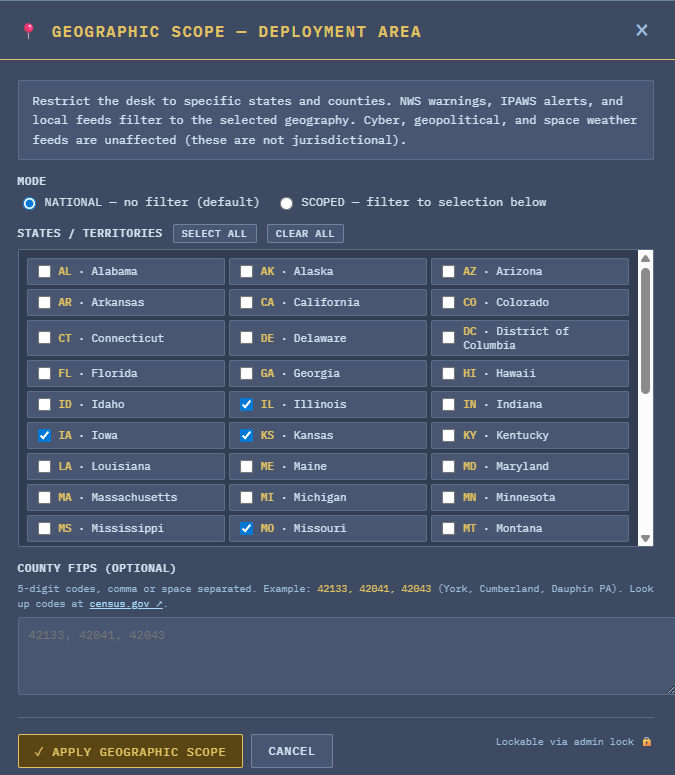 Geographic Scope deployment area modal showing the National/Scoped mode toggle, state checkbox grid covering all 50 states plus DC and territories, and the optional 5-digit county FIPS code textarea with examples