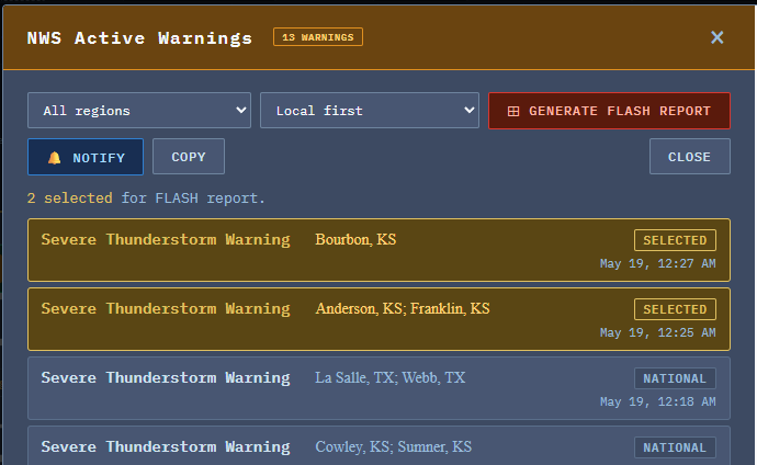 Watch Desk selectable FLASH report queue showing the operator's checkbox selection of which events warrant formal FLASH report generation