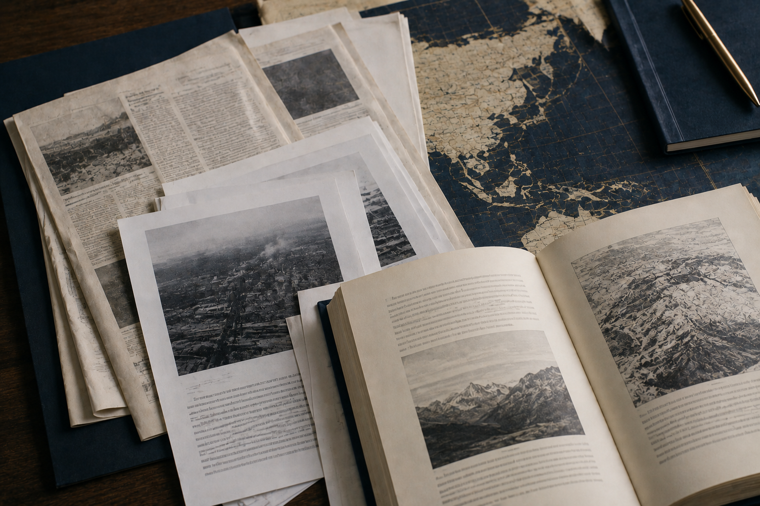 Open-source material on an analyst's desk: stacked documents, printed pages, and a map.