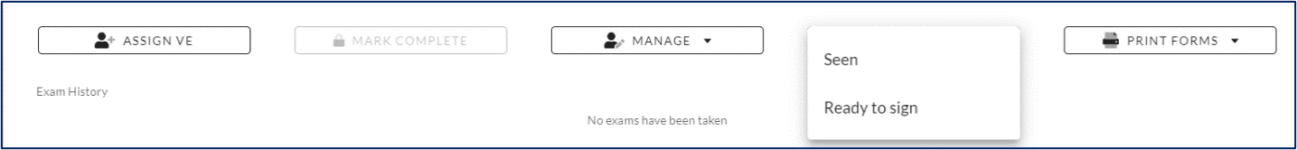ExamTools MANAGE dropdown showing Seen and Ready to sign status options