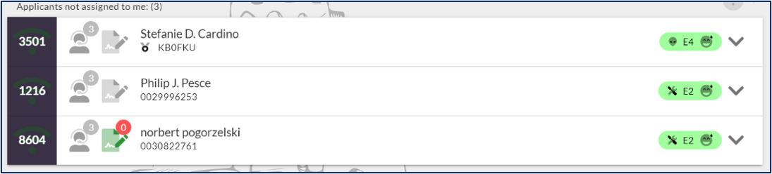 ExamTools applicant list showing applicants with green element badges and a smiley icon, indicating they have passed and signed and are ready for VE signatures