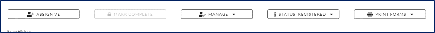 ExamTools applicant menu bar showing ASSIGN VE, MANAGE, STATUS: REGISTERED, and PRINT FORMS buttons