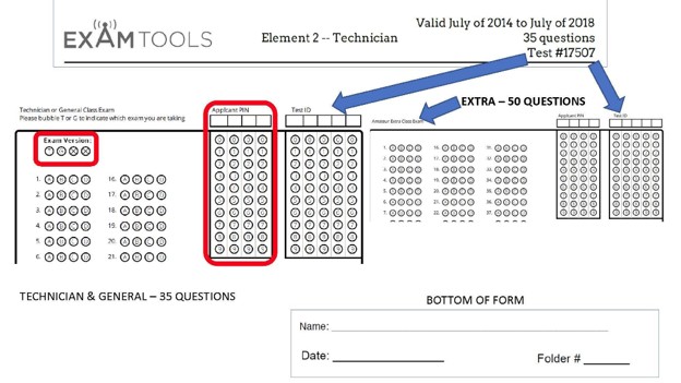 Paper answer sheet header showing Applicant PIN, Test ID, and exam version bubble fields that must be completed before GradeCam scanning