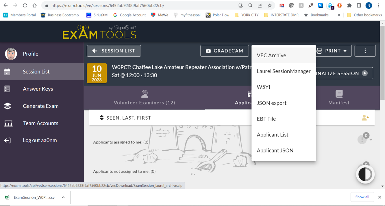 ExamTools PRINT dropdown menu showing VEC Archive, Laurel SessionManager, W5YI, JSON export, EBF File, Applicant List, and Applicant JSON options