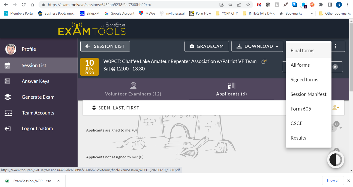 ExamTools DOWNLOAD dropdown menu showing Final forms, All forms, Signed forms, Session Manifest, Form 605, CSCE, and Results options