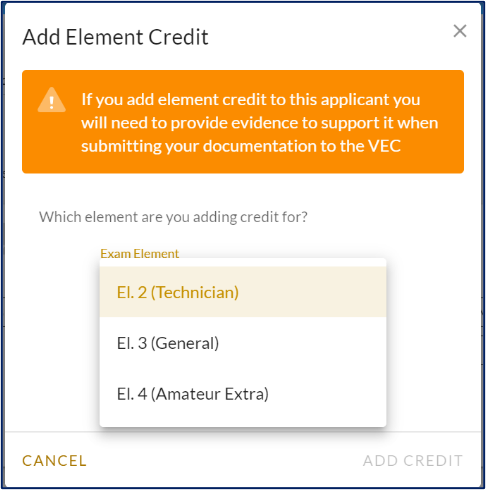 ExamTools Add Element Credit dialog showing element selection