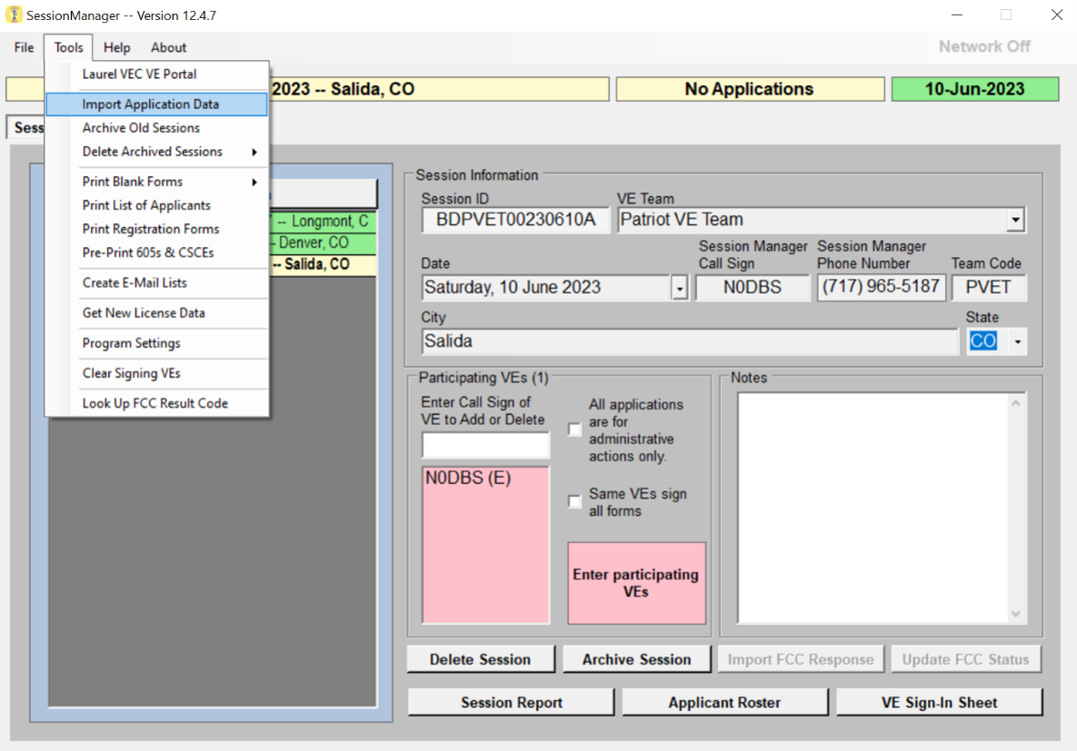 Laurel session manager Tools menu open showing Import Application Data highlighted