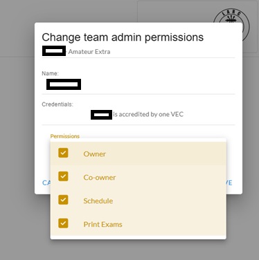 Change team admin permissions dialog in ExamTools showing four checked permission toggles: Owner, Co-owner, Schedule, and Print Exams