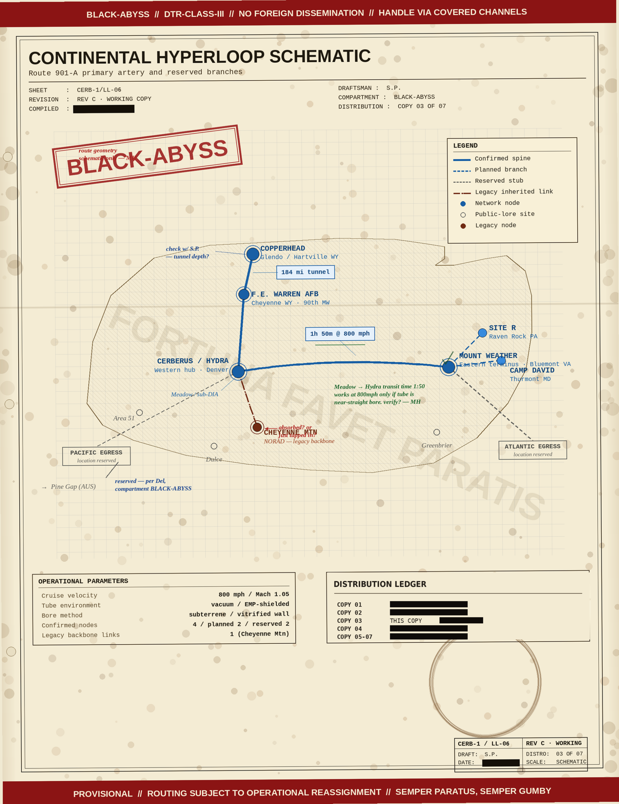 CERB-1/LL-06 — Continental Hyperloop Schematic, Route 901-A primary artery and reserved branches. Recovered working copy with BLACK-ABYSS compartment markings and three-pen annotations.
