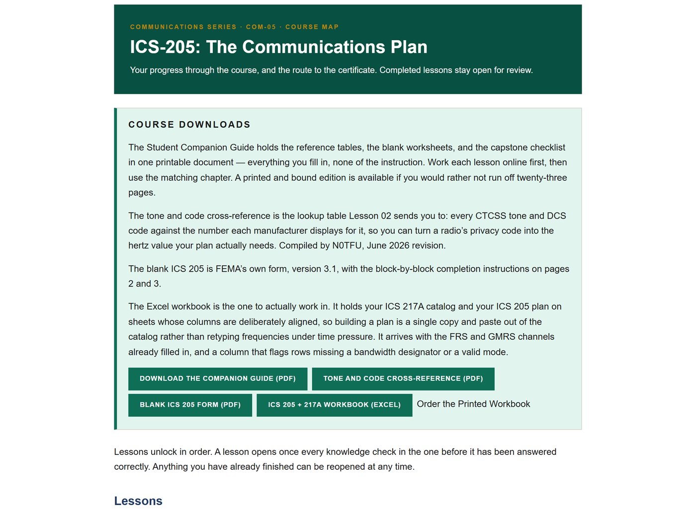 Course map with the Companion Guide, reference table, blank ICS-205 form and Excel workbook downloads