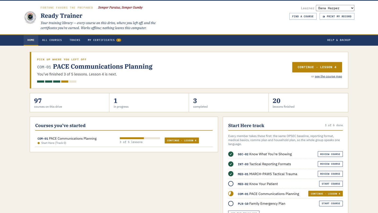 Ready Trainer home page showing the next lesson, courses in progress and the Start Here track