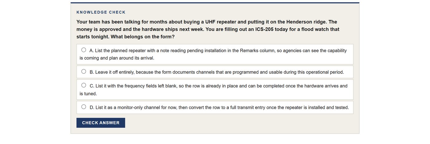 A knowledge check question from the ICS-205 Communications Plan course