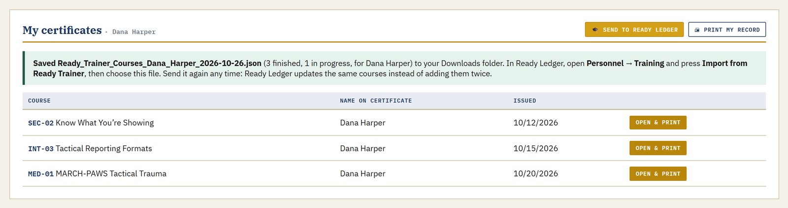 Ready Trainer My certificates page after Send to Ready Ledger saved the learner's course file